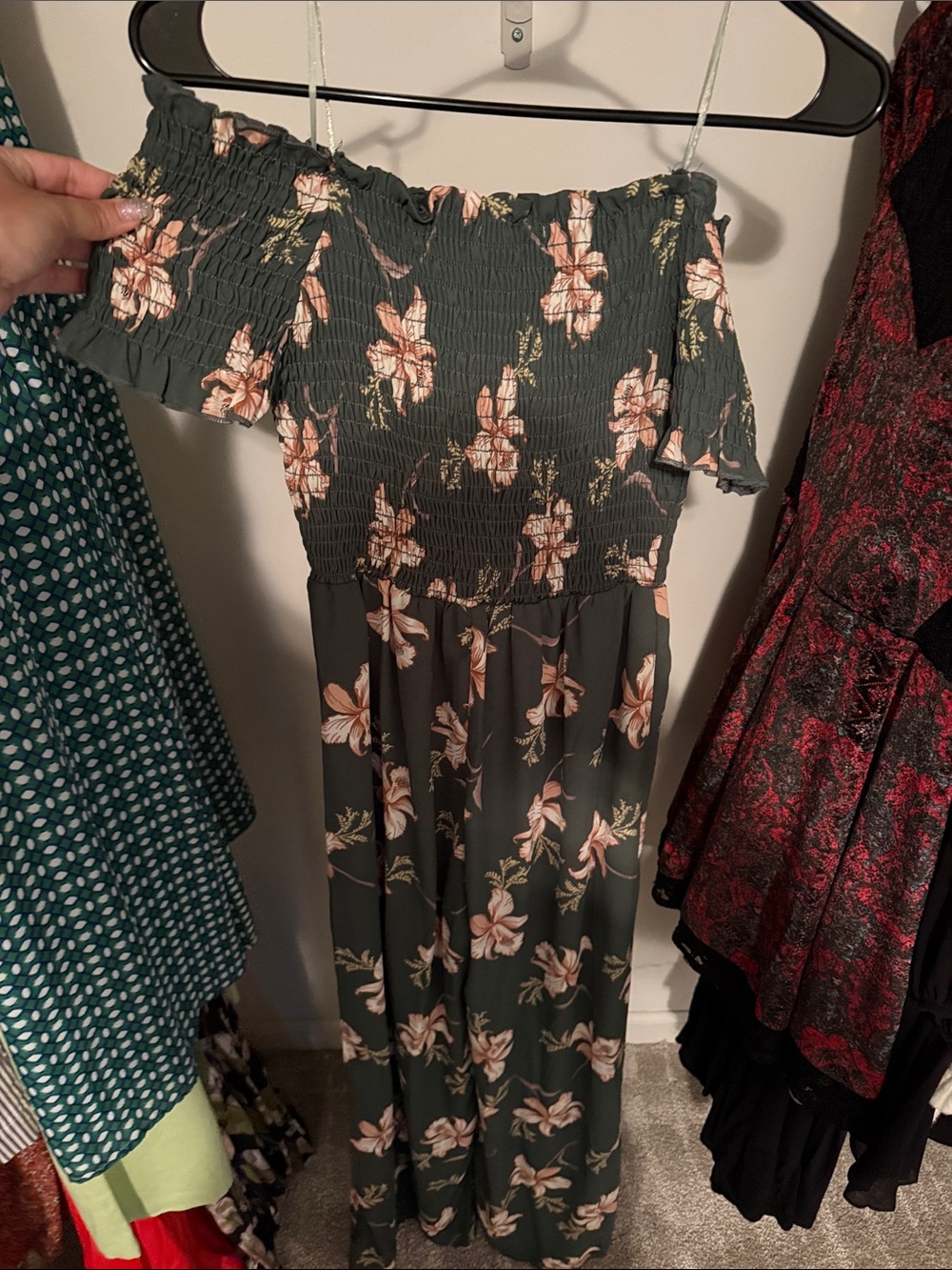 Off-Shoulder Floral Maxi Dress in Dark Green